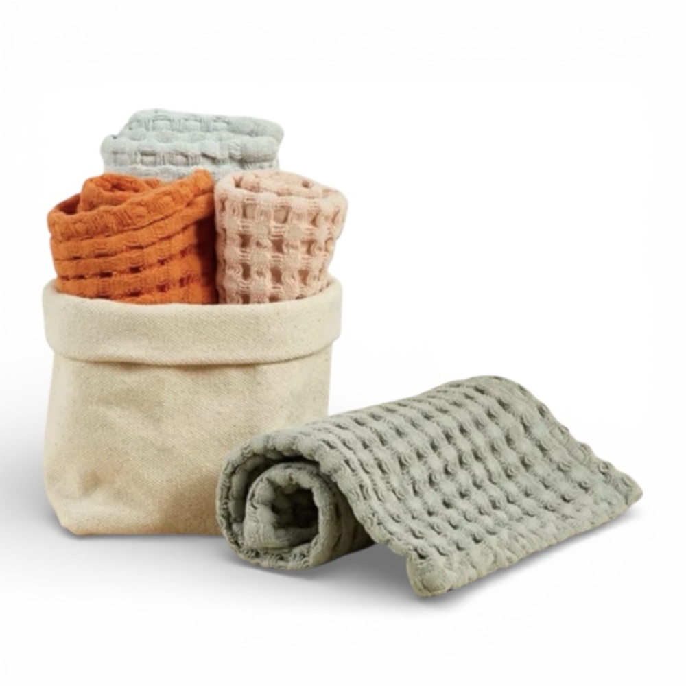 Golden & Pine Waffle Knit DishCloth Washcloth Set of 4 with Canvas Basket Cotton